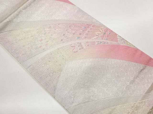 JAPANESE KIMONO / FUKURO OBI / SILK / WOVEN WAVY LINES & ABSTRACT PATTERN
